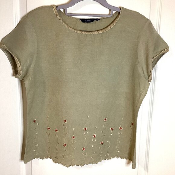 Reitman's Women's Size S Linen Blend Blouse Brown Floral Embroidery Lace Trim - Picture 1 of 6